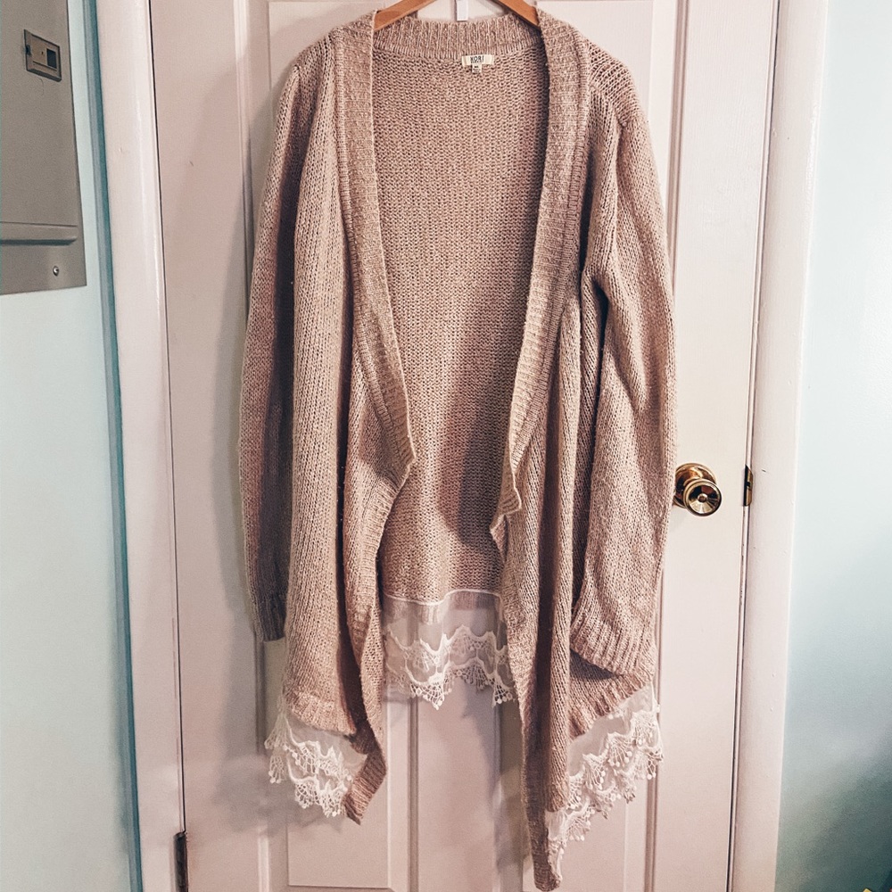 Open front oatmeal cardigan with lace trim